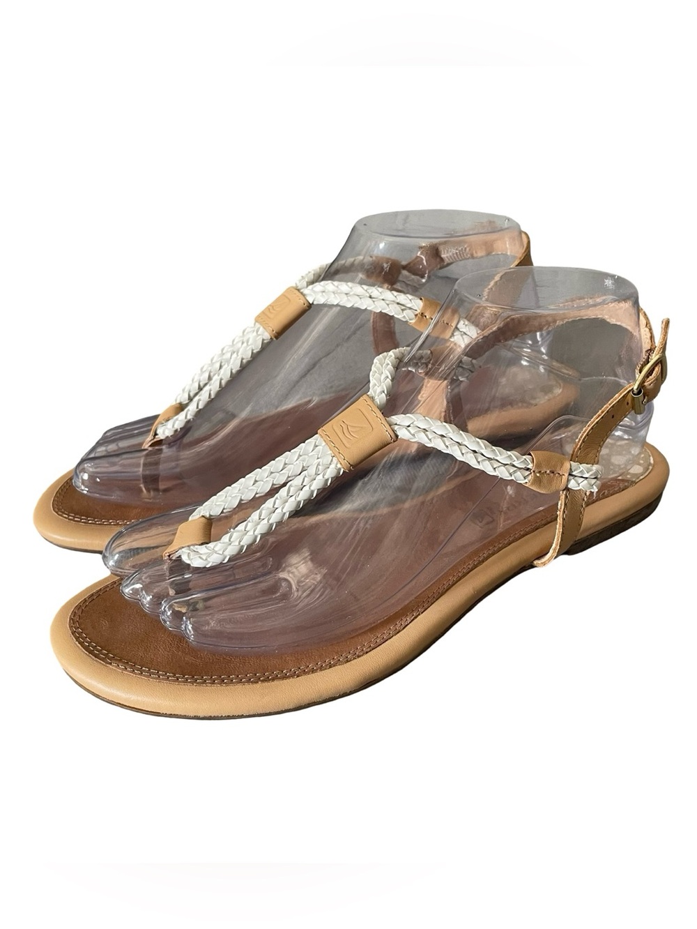 Sperry White Braided Thong Sandals with Tan Trim Size 8